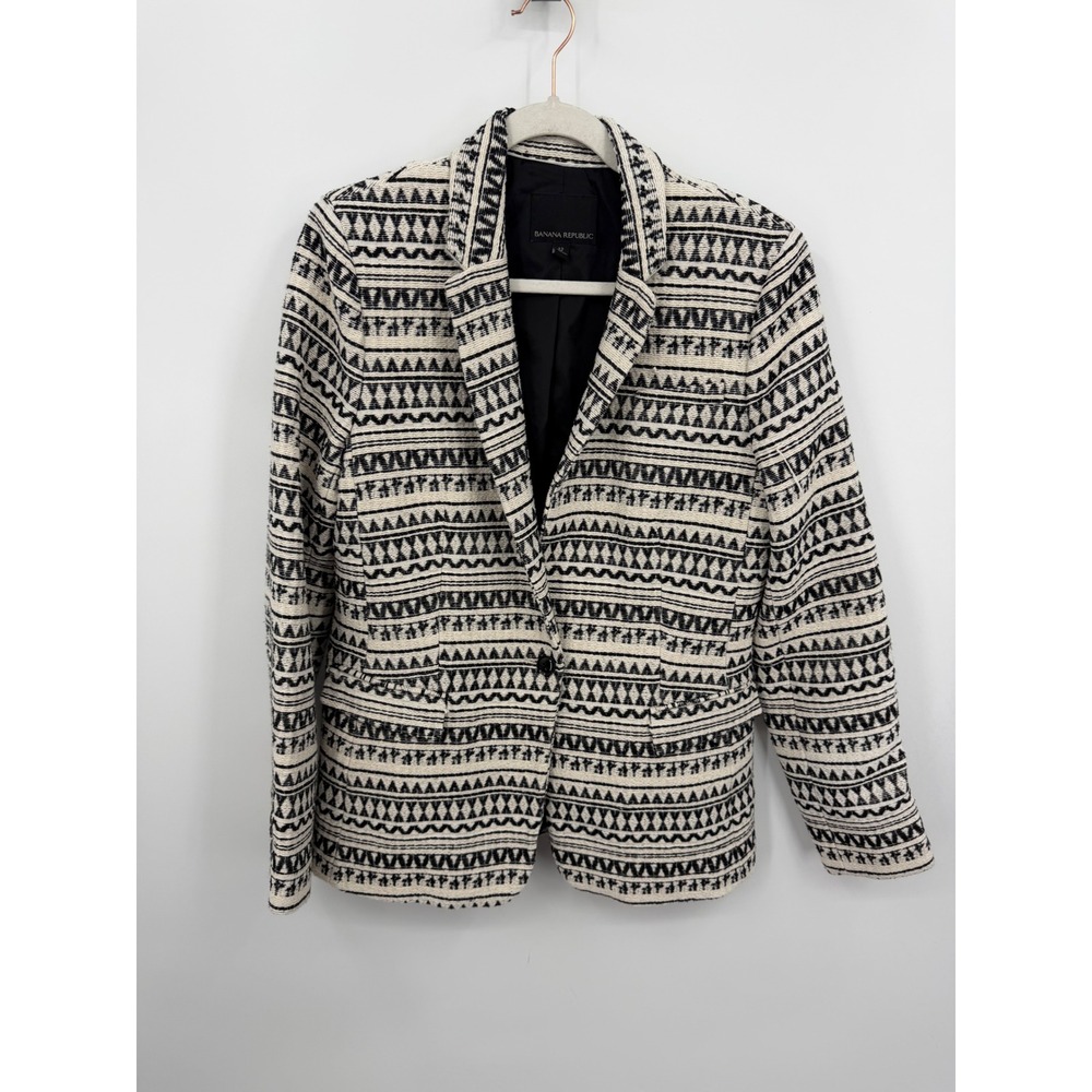 Banana Republic Jacquard Blazer Women 12 Black White Geometric 1-Button‎ Jacket